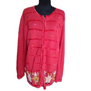 The Quacker Factory Women's L Full Zipper Christmas Cardigan, NWOT